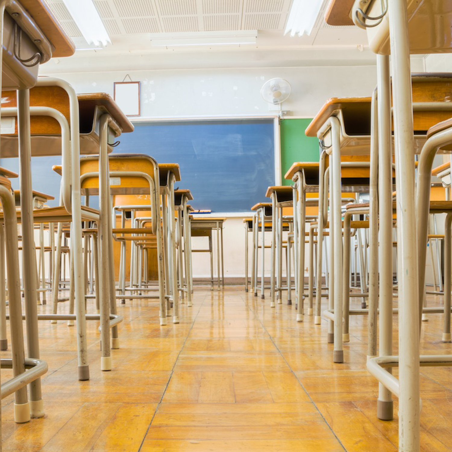 School Classroom Floor, Desks, and Board.
