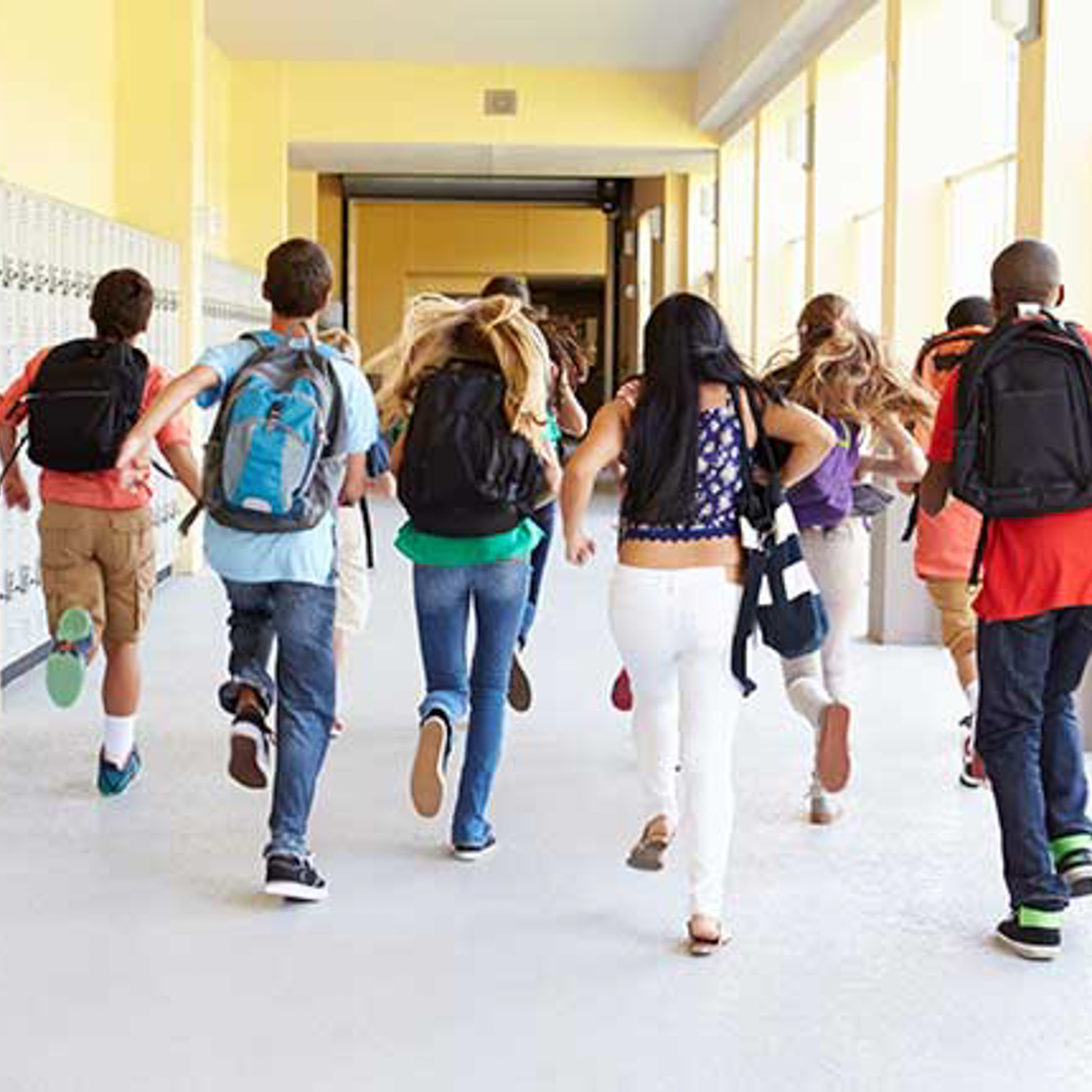 School hallway with students.